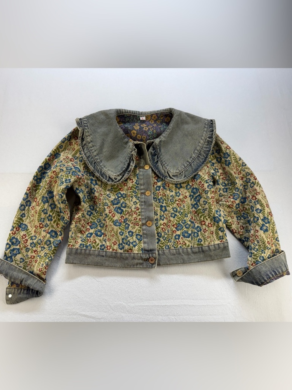 Floral Patchwork Denim Collar Jacket - Blue & Cream